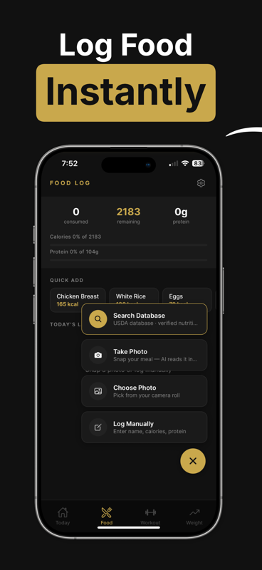 Chiseled food logging screen